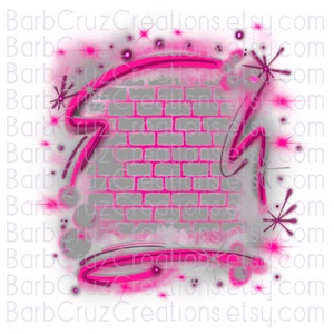 May include: A pink and gray brick wall background with a pink neon-style 9 and 4 on either side. The background is covered in white glitter and pink splatters.