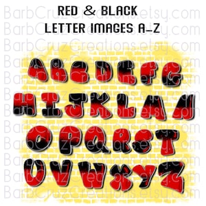 May include: Red and black alphabet letters in a graffiti style on a yellow brick wall background. The letters are outlined in black and have a red to black gradient.