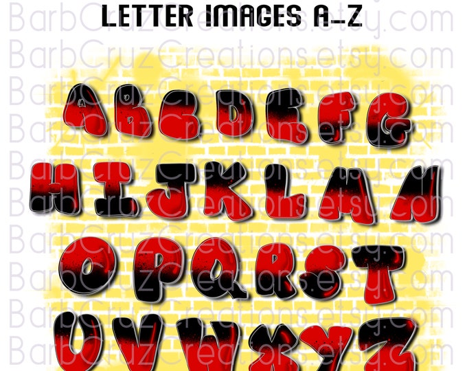Bubble Letters, Black & Red, Graffiti Letters, Airbrush Alphabet, Airbrush images of each letter, Sublimation, png, bundle, fun font images