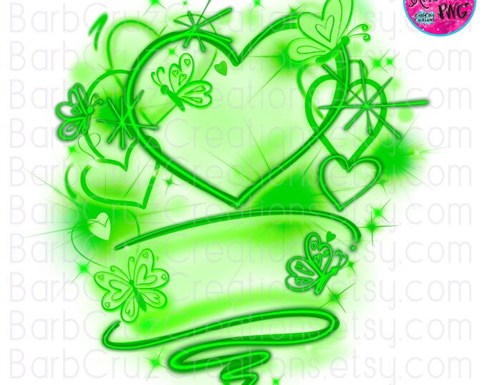 airbrush png, airbrush background, green hearts, butterfly, airbrush template, sublimation, love, retro, 90's vintage, butterflies