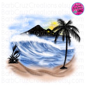 Airbrush png, Tropical, Sunset, Sunrise, Paradise, Beach, Ocean, tropical illustration, png, sublimation, digital Summer, waves, palm tree