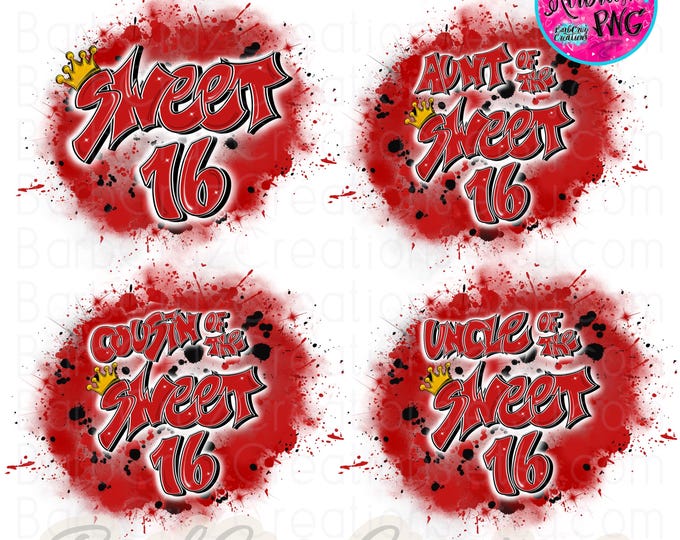 Sweet 16 Red Airbrush PNG Digital Downloads Bundle Sixteen bday, crown Birthday Sublimation Print Designs, clipart, DTF Graffiti Y2K Art