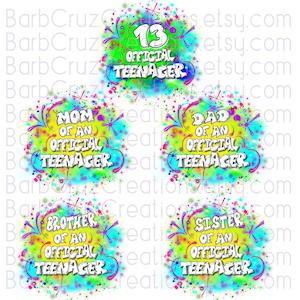 13th Birthday Official Teenager, Digital Airbrush png, Sublimation Designs, Matching Family Shirt png&#39;s, green, blue, Digital Airbrush