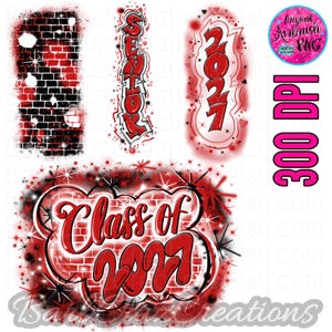 May include: A collection of airbrush-style graphics featuring red and black designs. Includes text elements such as "Senior", "2021", and "Class of 2021" on brick-like backgrounds. The graphics have a graffiti-inspired aesthetic with starburst and heart accents.