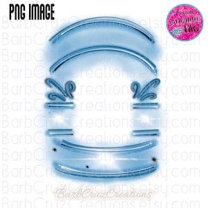 May include: A blue and white airbrush stencil with a circular design. The stencil has two curved lines at the top, two curved lines at the bottom, and two curved lines on each side. The stencil is designed to be used with an airbrush to create a design on a surface.