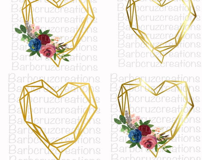 Gold Metal Heart Floral Watercolor Frame / Invitations / Digital Download / Sublimation Design / Clip Art / PNG / Bundle Pack / modern frame