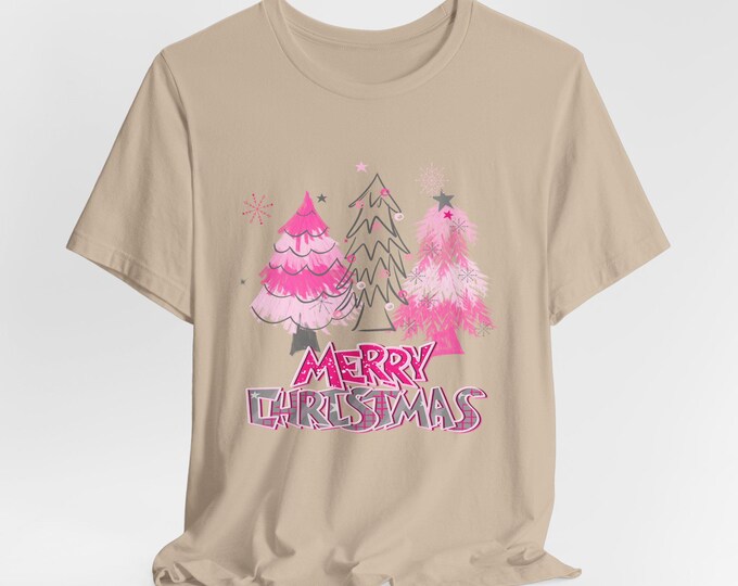 Merry Christmas Snowflakes in Pink, Trees with gray accents, Holidays, Custom Shirt, Sublimation Designs, DTF, Black Friday Gift