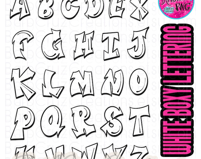 White Boxy Lettering, Graffiti Letters, Airbrush Alphabet, Airbrush Font Images, Sublimation Design, PNG, Fun Font, bundle, set of fonts