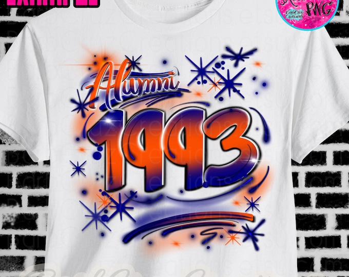 Airbrush Alumni 1993 Orange & Blue PNG, Sublimation Graffiti Design, High School, Reunion, Senior, College, Fun Vintage Retro Apparel PNG