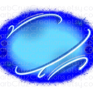 May include: A blue and white spray paint design with a white outline. The design is in the shape of a circle with a white line going around the outside of the circle. The background is a blue color with white dots.