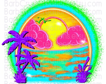 Imágenes digitales de aerógrafo, diseños de aerógrafo tropical, puesta de sol, amanecer, paraíso, aerógrafo, playa, océano, png, diseño de sublimación, verano