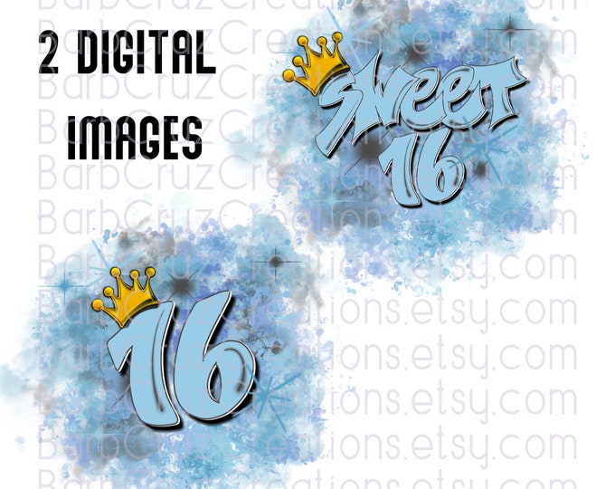 Sweet 16, Sixteen bday, crown, Birthday, Airbrush png, Print Designs, Sublimation Designs, png, clipart, Digital Downloads, blue