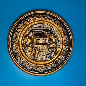 Mid Century Vintage 13&quot; Coppercraft Metal 3D Wall Hanging Embossed Copper, Dog, Well, Women and children at the well, water, Home Decor