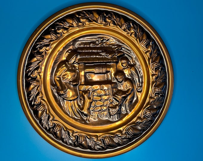 Mid Century Vintage 13" Coppercraft Metal 3D Wall Hanging Embossed Copper, Dog, Well, Women and children at the well, water, Home Decor