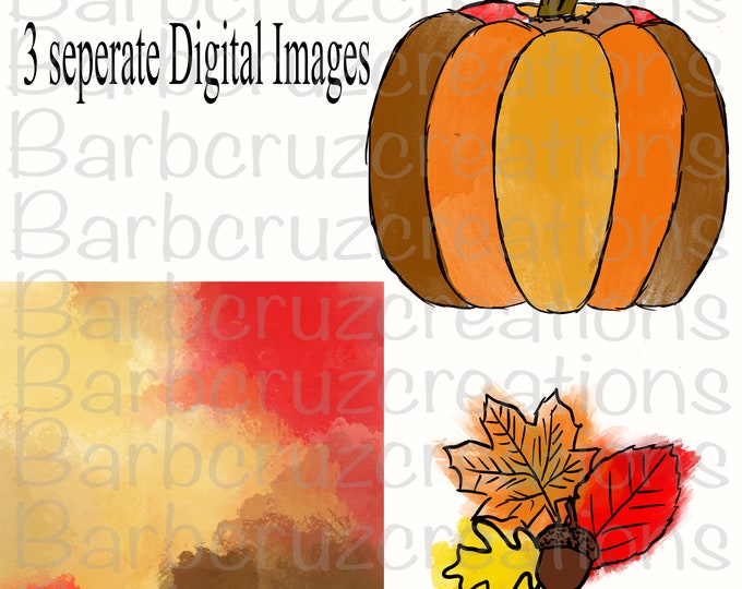 Fall Watercolor Pumpkin / Leaves / Background / Instant Downloads / Digital Downloads / Sublimation Designs / Clipart Pumpkin Season