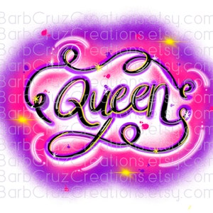 May include: A pink and purple spray paint background with the word "Queen" written in black with a yellow outline.