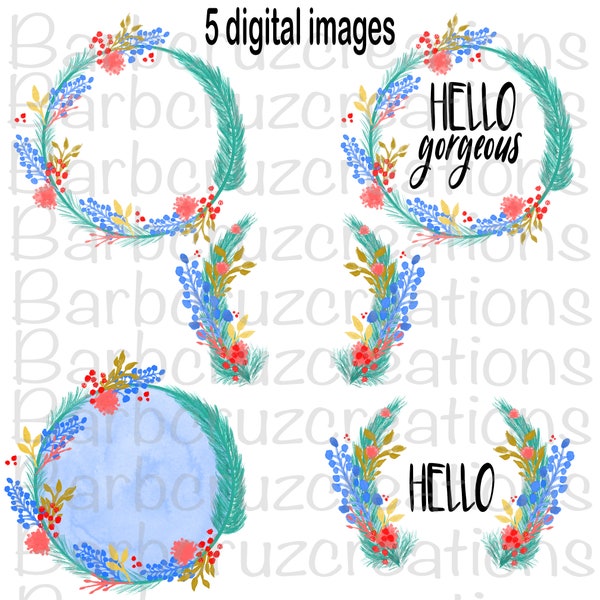 Bundle, Clip Art, Digital Image, Instant Download, Green, Feathered, Wreath, Feathered Frame, Sublimation Design, PNG, Brackets, flowers