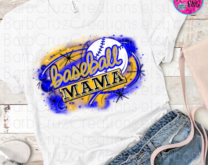 Airbrush png / Baseball Mama / Splatter paint / Teams / Sports / DTF / Sublimation Designs / yellow / blue / Base ball Season Game Day