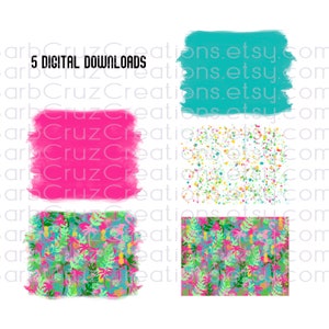 Puede incluir: Cinco descargas digitales que incluyen un trazo de pincel de acuarela rosa, un fondo blanco con confeti de colores, un patrón tropical con palmeras y piñas, y un trazo de pincel de acuarela turquesa.