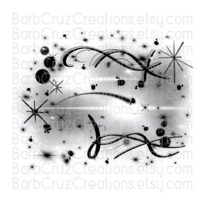May include: Black and white digital art featuring abstract swirls, stars, and splatters of paint. The art includes the text "BarbCruz Creations.etsy.com".
