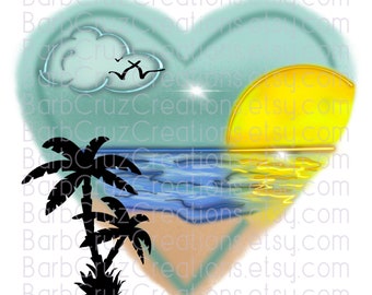 Aerografía png, Aerografía digital, Corazón, Playa, tropical, puesta de sol, amanecer, palmera, playa, vacaciones, diseños de sublimación, descargas digitales