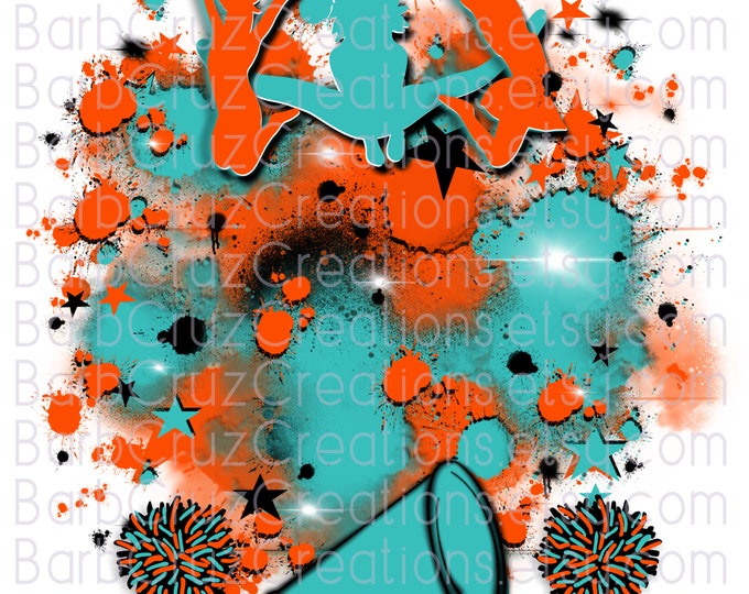Airbrush Cheer Orange / Bluish Green Background, Cheerleader, Shirt png, Team Spirit, Sports Team, Sublimation Design, Star Burst Backdrop