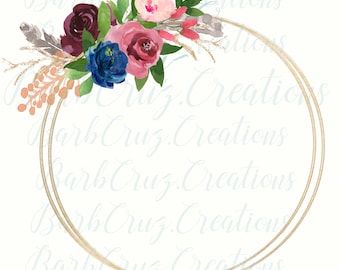 Watercolor flowers, Modern Floral Wreath, Instant Digital Download, png, Bundle, 2 Images, Watercolor Flower, Sublimation