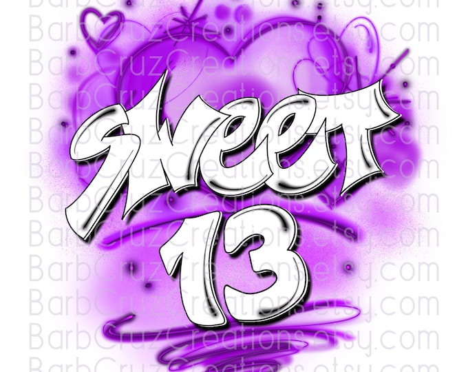 Airbrush png, Sweet 13, Thirteen, Thirteenth, Birthday, bday, Purple, Hearts, retro, Sublimation Designs, clipart, 13th, invitation clipart