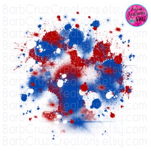 May include: Red, white, and blue paint splatters on a white background. The paint is in a circular shape and looks like a watercolor effect.