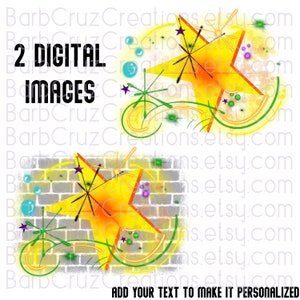 May include: Two digital images featuring a yellow star with a retro design. The first image shows the star on a white background with green, yellow, and purple accents. The second image shows the star on a brick wall background with green, yellow, and purple accents. The text "2 DIGITAL IMAGES" is visible in the top left corner of the image.
