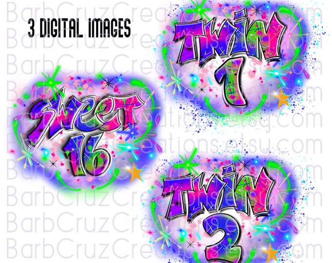 Airbrush, Twins, Sweet 16, Sixteen bday, Birthday, Party Invitation, shirt, Airbrush png, Print Design, Sublimation Designs,  Twin 1 & 2