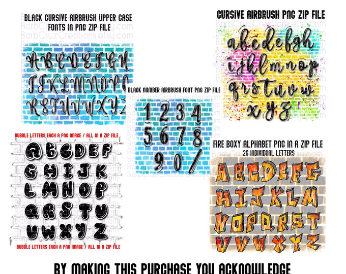 Graffiti Letters, Cursive Airbrush Alphabet, Airbrush Font Images, Sublimation Design, png, boxy letters, bundle, set of fonts, Fun Letters