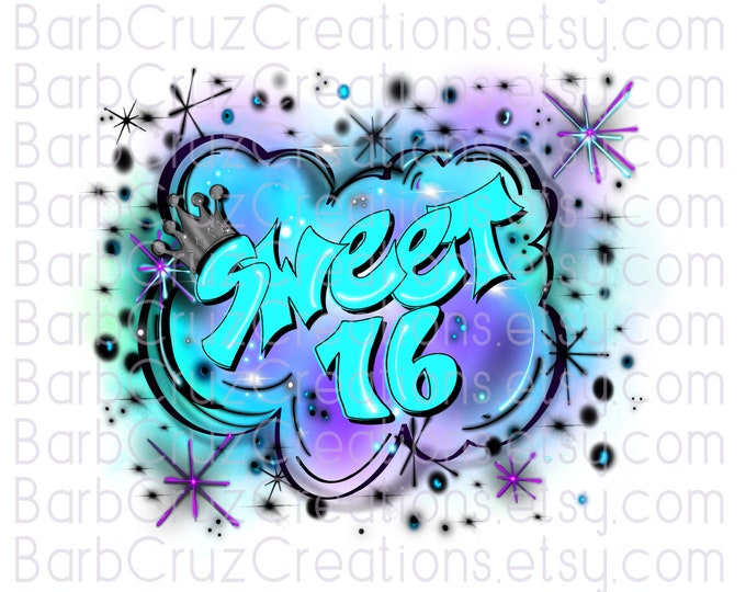 Airbrush png, Airbrushed My Sweet 16 Birthday Image, Green & Purple Sixteen bday, crown, Birthday Party, Sublimation Designs, Digital Design