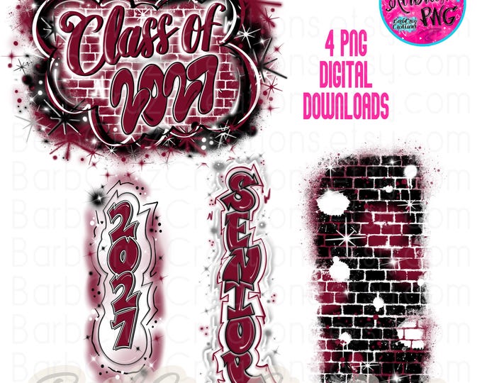 Airbrush png, Vintage Bundle Dark Red, Senior, Class of 2027, Graffiti, High School Senior,College, pant leg,sleeve,vertical,  Nostalgic