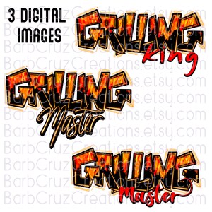 May include: Three digital images with a black and yellow graphic design that says "Grilling King", "Grilling Master", and "Grilling Master". The graphic design has flames in red and orange.