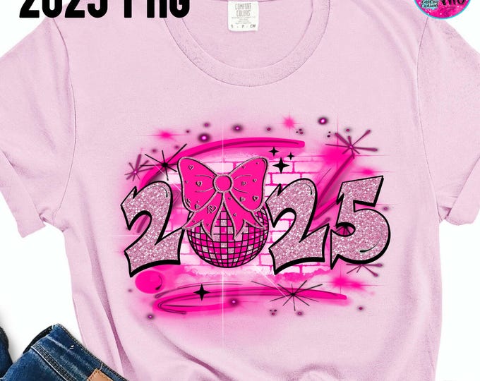Airbrush Pink 2025 Retro Disco Ball, New Years Eve, NYE, Graffiti, Digital Airbrush, sublimation, Happy, Pink Brick wall, coquette bow