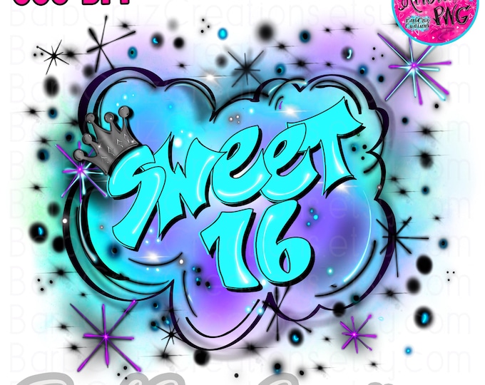 Airbrush png, Airbrushed My Sweet 16 Birthday Image, Green & Purple Sixteen bday, crown, Birthday Party, Sublimation Designs, Digital Design