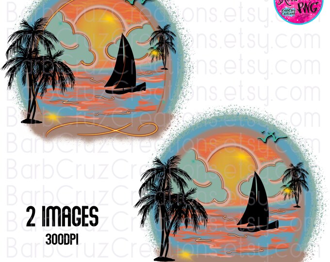 Tropical, Sunset, Sunrise, Paradise, Airbrush, Beach, Ocean, tropical illustration, sublimation design, Airbrush png, Summer, DTF, Palm Tree