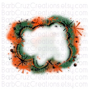 May include: A digital graphic design featuring a white cloud shape with a black outline. The cloud is surrounded by a spray of orange and green paint splatters and black star shapes.