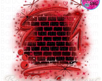 May include: Red and black brick wall with a red neon-style arrow pointing to the right. The background is a white spray paint effect with red hearts and stars.