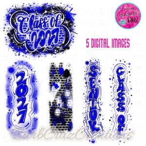 May include: A collection of five digital airbrush-style graphics featuring blue and black brick patterns, star accents, and text including Class of 2027, 2027, Senior, and Class of. The designs use a graffiti-inspired font with blue outlines and shading.