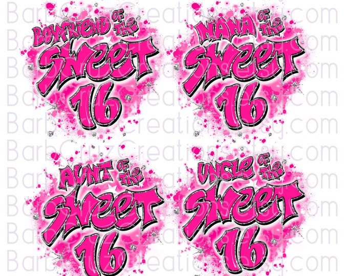 Airbrush png, Sweet 16, Trendy Birthday nana, aunt, uncle, boyfriend, Sixteen, Birthday png, Star bursts, Sublimation, silver glitter, retro
