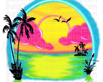 tropisch, zonsondergang, zonsopkomst, palmbomen, strand, vakantie, trendy airbrush, png, sublimatieontwerpen, digitale downloads, transparant, graffiti