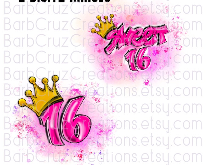 Sweet 16, Sixteen bday, crown, Birthday, Airbrush png, Print Designs, Sublimation Designs, png, clipart, Digital Downloads, pink, jpg