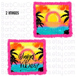 May include: A digital illustration of a sunset over the ocean with palm trees and the text "island vibes". The colors are bright and vibrant, with shades of orange, yellow, blue, and green.