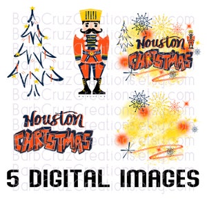 Könnte beinhalten: Fünf digitale Bilder mit einem Weihnachtsmotiv. Die Bilder zeigen einen stilisierten Weihnachtsbaum, einen Nussknacker, einen festlichen Hintergrund mit Schneeflocken und den Text "Houston Christmas" in einer fetten, bunten Schrift.