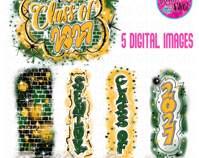 Airbrush png, Vintage Bundle Yellow Green Senior, Class of 2027, Graffiti, High School Senior,College, pant leg,sleeve,vertical,  Nostalgic