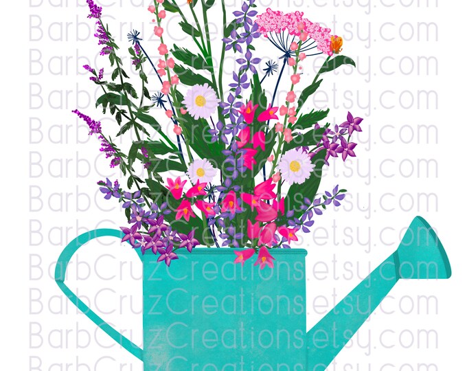 wild flowers, blue water can, watercolor flowers, mothers day, sublimation designs, clipart, png, digital download, waterslides, floral png
