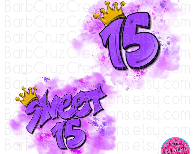 Airbrush png, Sweet 15, Fifteen bday, crown, Birthday, Airbrush png, Print Designs, Sublimation Designs, Digital Downloads, purple