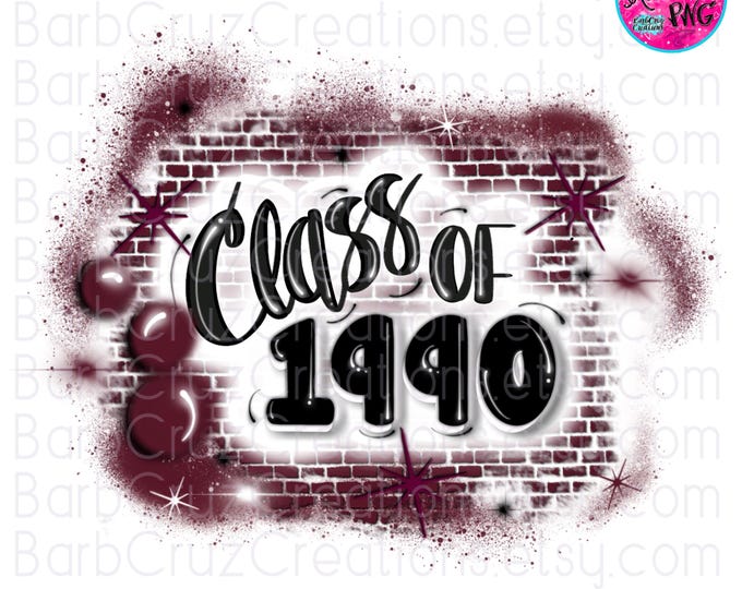 Airbrush png, Class of 1990, Sublimation, Brick Wall, Graffiti png, digital airbrush, Graduate, High School Reunion, redish purple & white